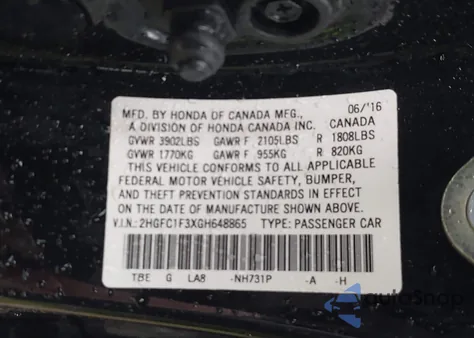 2016 Honda Civic Ex-T из США, поврежденный, VIN 2HGFC1F3XGH648865